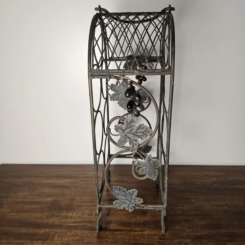 Vintage Rustic Freestanding Metal Wine Rack with Grape & Vine Design 7 Bottles